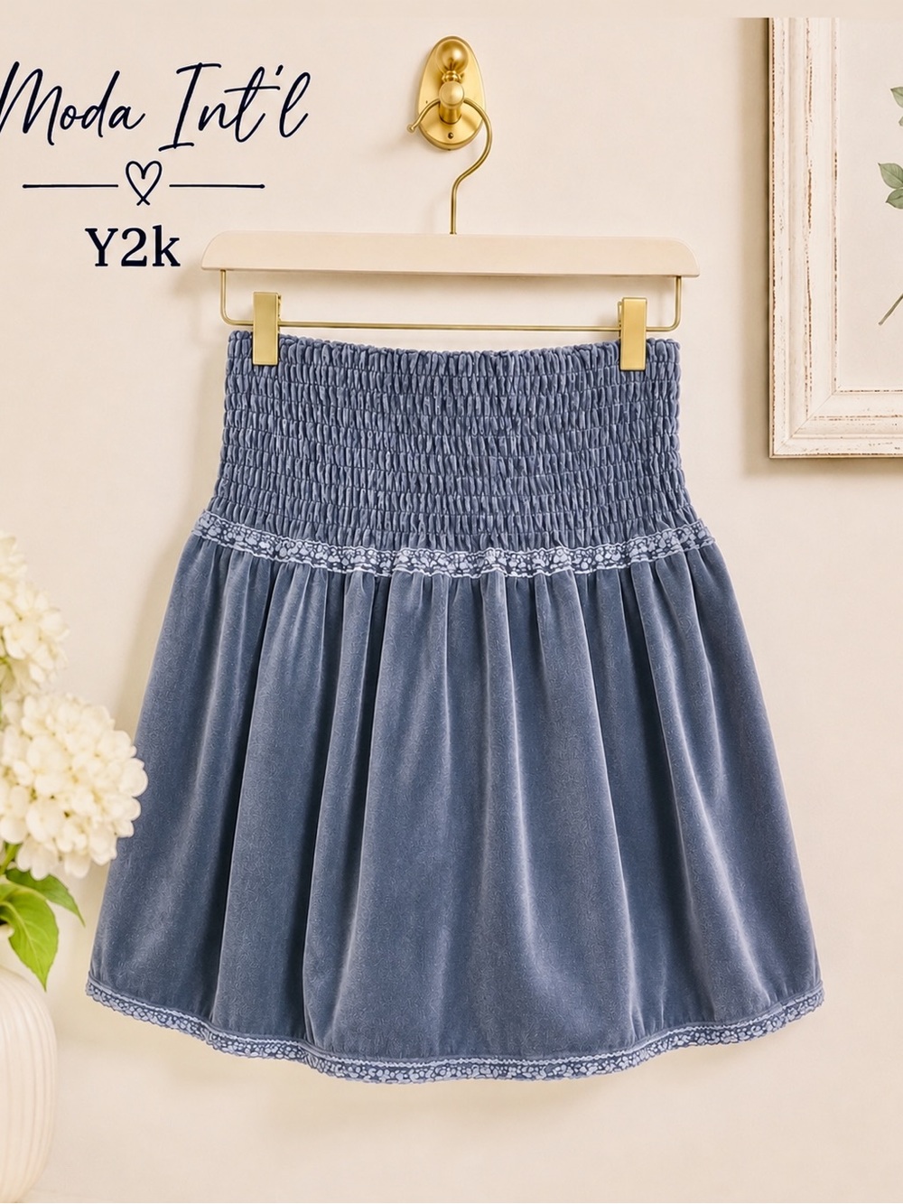 Y2K Sz L Moda Int’l Smocked-Waist Terry & Embroidered Lace Trim Ruched Skirt